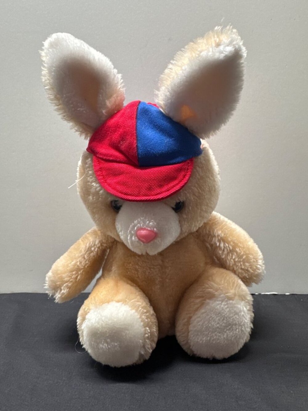 Vintage Plush Bunny Toy Red & Blue Hat Soft Beige Stuffed Animal Adorable Gift K